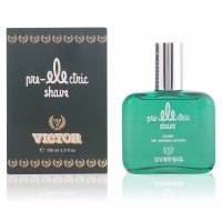 Bottle  of  Victor  Pre  Electric  Shave  by  Victor,  a  lotion  indicated  for  preparing  facial  skin  for  a  smooth  electric  shave.
