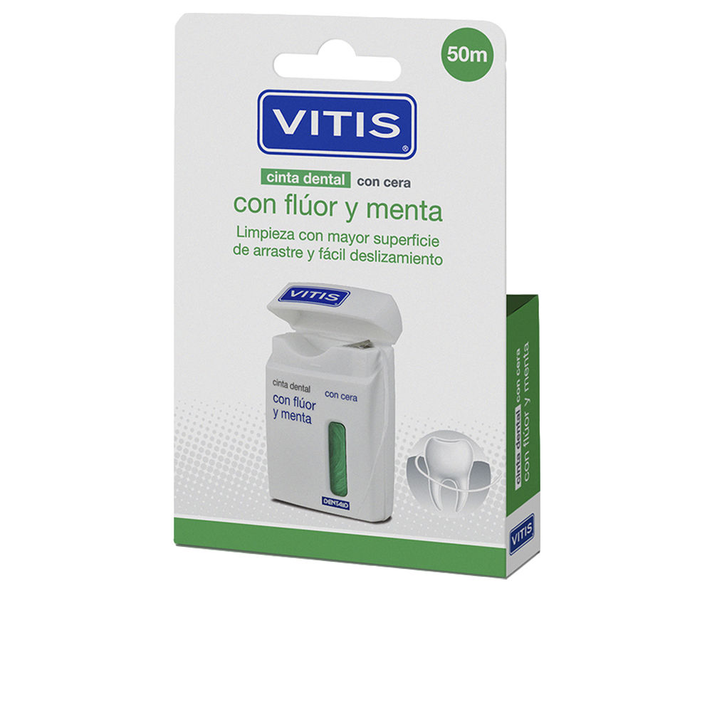 VitisDentalFlossWithFluorideAndMint50m Product container of Vitis Dental Floss With Fluoride And Mint by Vitis, a floss indicated for cleaning interdental spaces.