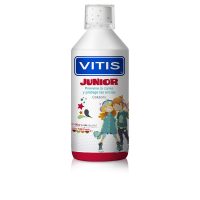 Bottle  of  Vitis  Junior  Mouthwash  Tutti  Frutti  by  Vitis,  a  mouthwash  indicated  for  preventing  dental  plaque  in  children.