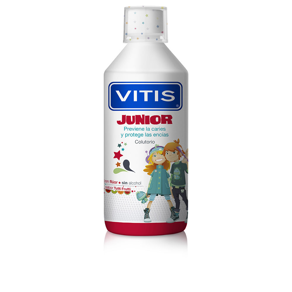 VitisJuniorMouthwashTuttiFrutti500ml Bottle of Vitis Junior Mouthwash Tutti Frutti by Vitis, a mouthwash indicated for preventing dental plaque in children.