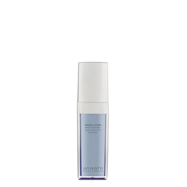 AtashiFresh&PureNightRenewalSerum30ml Bottle of Atashi Fresh & Pure Night Renewal Serum by Atashi, a gelled serum indicated for improving skin texture and renewal.