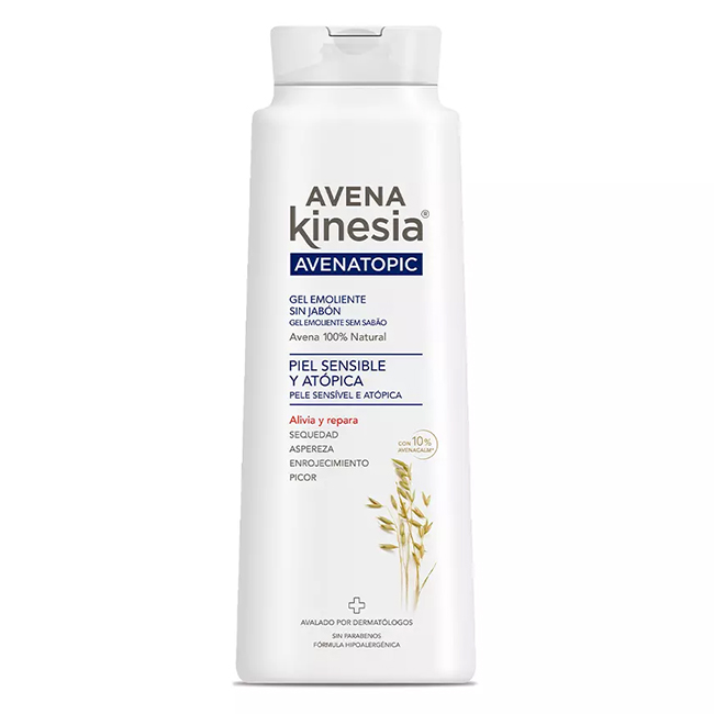 AvenaKinesiaAvenatopicSoap-FreeEmollientGel750ml Bottle of Avena Kinesia Avenatopic Soap-Free Emollient Gel by Avena Kinesia, a gel indicated for soothing sensitive and atopic skin.