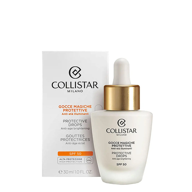 CollistarMagicProtectiveDropsAnti-AgingSPF5030ml Bottle of Collistar Magic Protective Drops Anti-Aging SPF50 by Collistar, a drop serum indicated for high sun protection.