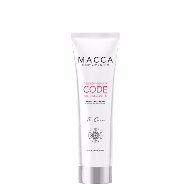 MaccaCellRemodellingCodeAnti-CelluliteReducingCream150ml Jar of Macca Cell Remodelling Code Anti-Cellulite Reducing Cream by Macca, a creamy texture indicated for reducing orange peel skin.