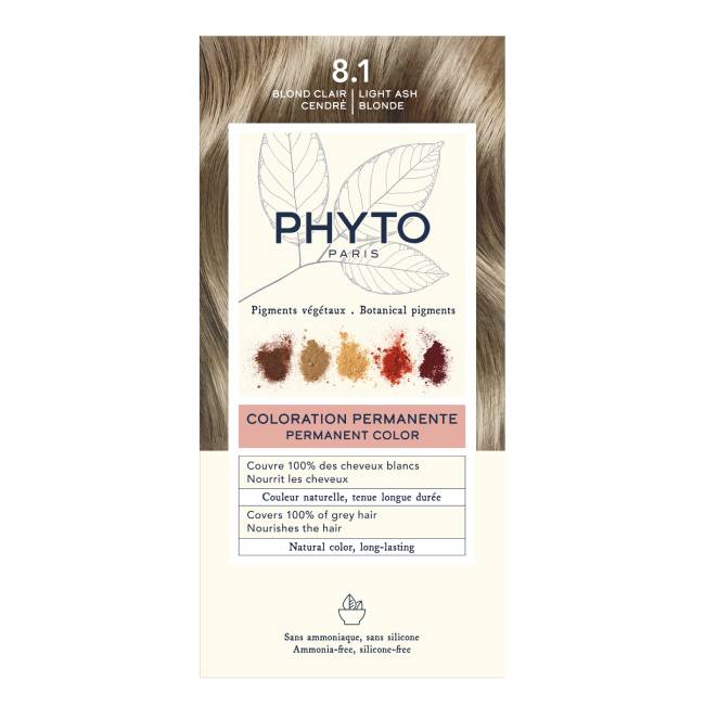 PhytocolorPermanentHairColor8.1LightAshBlonde Box of Phytocolor Permanent Hair Color 8.1 Light Ash Blonde by Phytocolor, a hair dye for natural color and gray coverage.