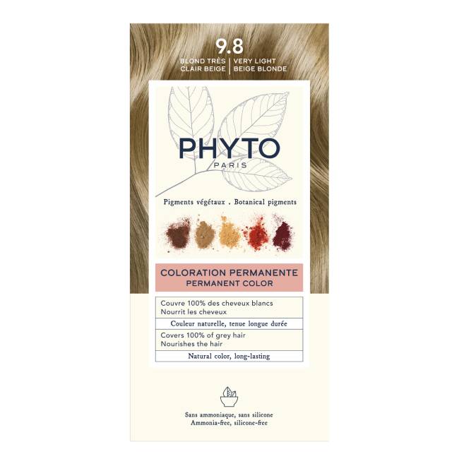 PhytocolorPermanentHairColor9.8VeryLightBeigeBlonde Box of Phytocolor Permanent Hair Color 9.8 Very Light Beige Blonde by Phytocolor, a hair dye for natural color and gray coverage.