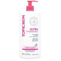 Bottle  of  Topicrem  Ultra-Moisturizing  Body  Milk  by  Topicrem,  a  body  lotion  indicated  for  intensely  moisturizing  sensitive  skin.