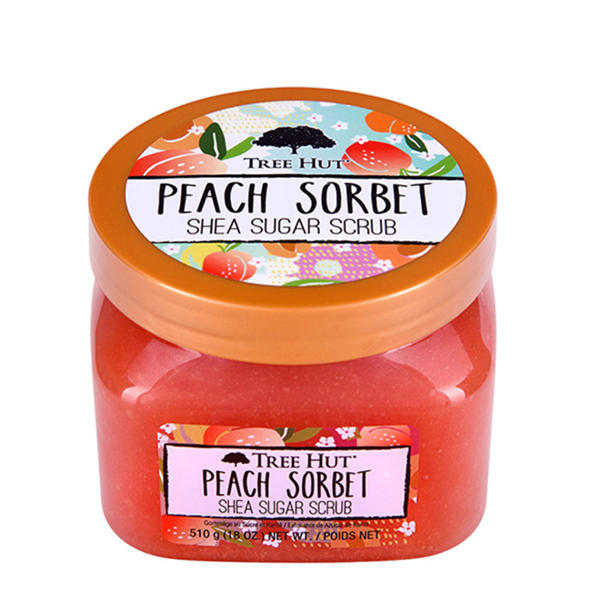 TreeHutPeachSorbetSheaSugarScrub510g Jar of Tree Hut Peach Sorbet Shea Sugar Scrub by Tree Hut, a sugar scrub indicated for removing dead cells and radiance.