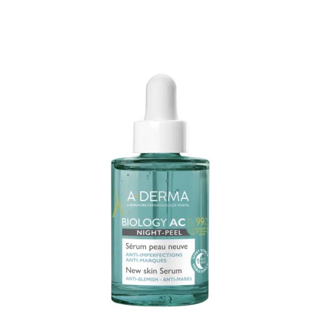 A-DermaBiologyACSerumNightPeel30ml Bottle of A-Derma Biology AC Serum Night Peel by A-Derma, a serum indicated for acne-prone skin and blackheads.