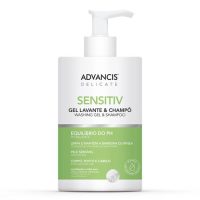 Bottle  of  Advancis  Delicate  Washing  Gel  &  Shampoo  by  Advancis,  a  gel  indicated  for  hygiene  of  sensitive  skin  and  hair.