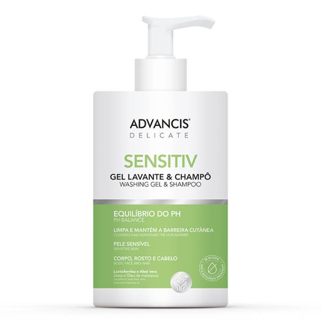 AdvancisDelicateWashingGel&Shampoo500ml Bottle of Advancis Delicate Washing Gel & Shampoo by Advancis, a gel indicated for hygiene of sensitive skin and hair.