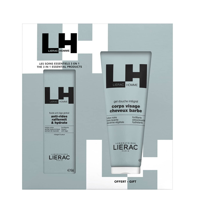 LieracHomme3in1EssentialBathGelGiftSet Box of Lierac Homme 3 in 1 Essential Bath Gel Gift Set by Lierac, a skincare set indicated for anti-aging and body cleansing.