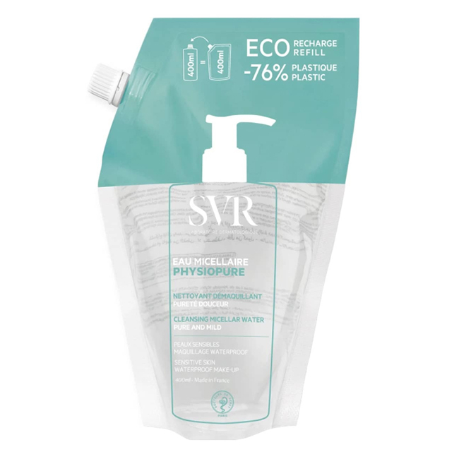 SVRPhysiopureCleansingMicellarWaterEco-Refill400ml Bottle of SVR Physiopure Cleansing Micellar Water by SVR, a micellar water indicated for cleansing and purifying sensitive skin.