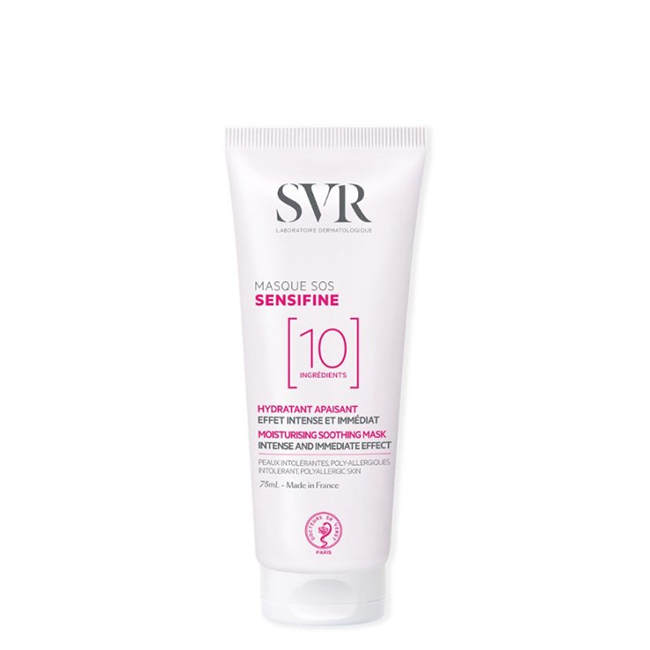 SVRSensifineMasqueSOSSoothingMask75ml Product container of SVR Sensifine Masque SOS Soothing Mask by SVR, a facial mask indicated for sensitive and allergic skin.