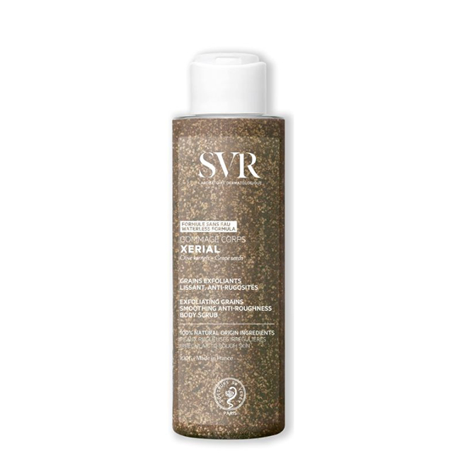 SVRXerialAnti-RoughnessBodyScrub100g Product container of SVR Xerial Anti-Roughness Body Scrub by SVR, a granulated scrub indicated for rough and flaky skin.