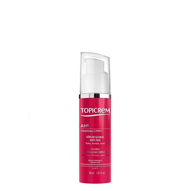 TopicremAHGlobalAnti-AgingSerum30ml Bottle of Topicrem AH Global Anti-Aging Serum by Topicrem, a fluid serum indicated for wrinkles, firmness and skin radiance.