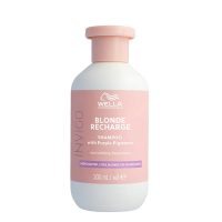 Bottle  of  Wella  Professionals  Invigo  Blonde  Recharge  Shampoo  by  Wella,  a  violet  shampoo  indicated  for  neutralizing  yellow  tones.