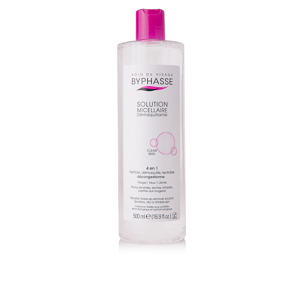 ByphasseMicellarMakeupRemoverSolution4-in-1500ml Bottle of Byphasse Micellar Makeup Remover Solution 4-in-1 by Byphasse, a micellar solution indicated for gentle makeup removal.