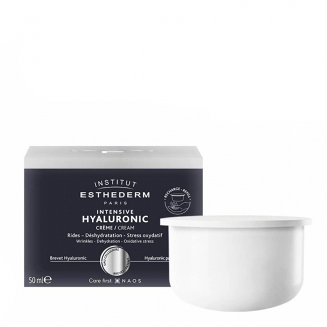 EsthedermIntensiveHyaluronicCreamRefill50ml Product container of Esthederm Intensive Hyaluronic Cream Refill by Esthederm, a cream indicated for facial wrinkles.