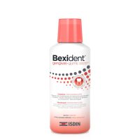 Bottle  of  Bexident  Gums  Elixir  Mouthwash  by  Isdin,  a  mouthwash  indicated  for  improving  and  protecting  gums  with  periodontal  problems.