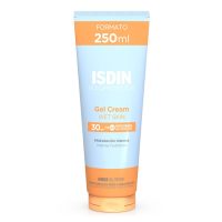 Product  container  of  Isdin  Fotoprotector  Gel  Cream  SPF30  by  Isdin,  a  gel  cream  indicated  for  UV  protection  and  skin  hydration.