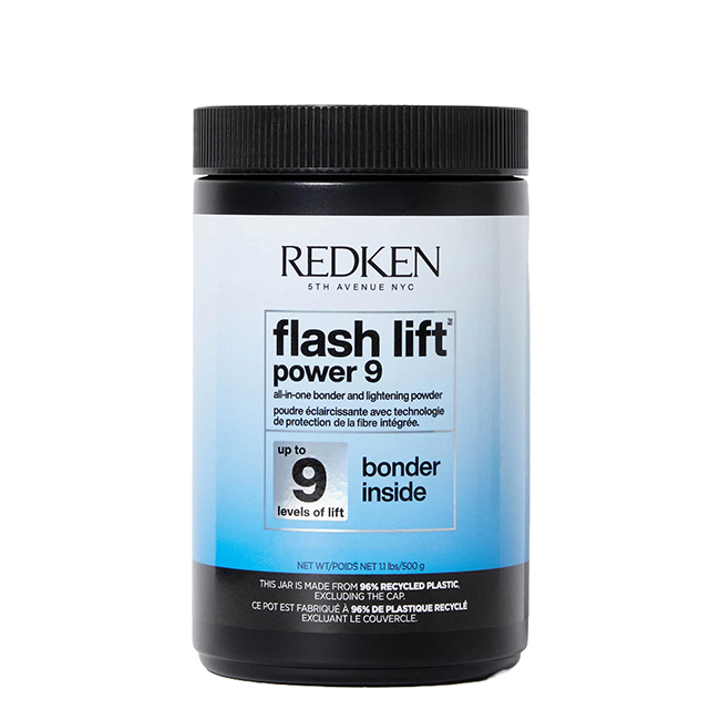 RedkenFlashLiftPower9BonderInsideAll-in-OneBonderandLighteningPowder500g Product container of Redken Flash Lift Power 9 Bonder Inside by Redken, a lightening powder indicated for hair lifting.