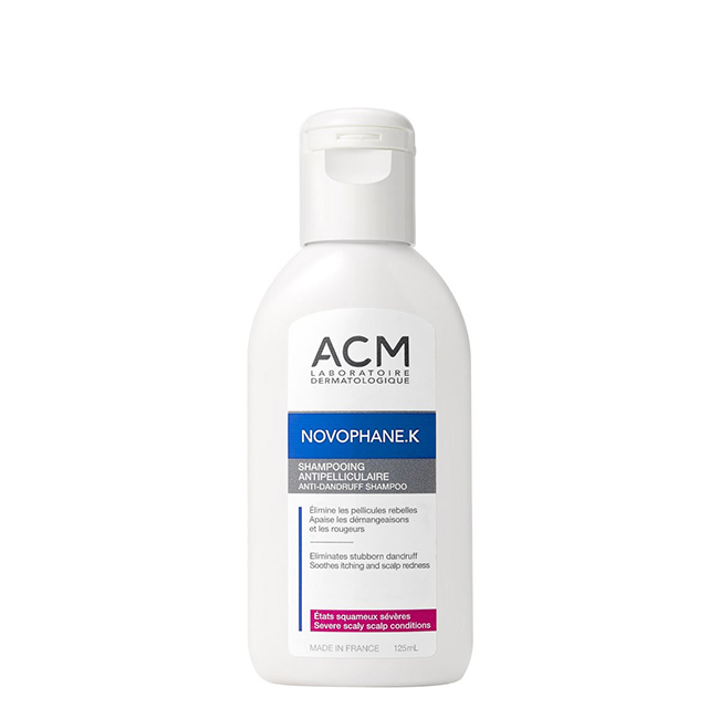 ACMNovophaneKAnti-DandruffShampoo125ml Bottle of ACM Novophane K Anti-Dandruff Shampoo by ACM, a shampoo indicated for eliminating acute dandruff and redness.