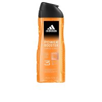 Bottle  of  Adidas  Power  Booster  Shower  Gel  by  Adidas,  a  shower  gel  indicated  for  revitalizing  and  deeply  cleansing  the  skin.
