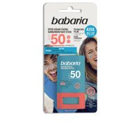 Product  container  of  Babaria  Solar  Blue  Facial  Stick  SPF50  by  Babaria,  a  sunscreen  stick  indicated  for  high  UV  protection.