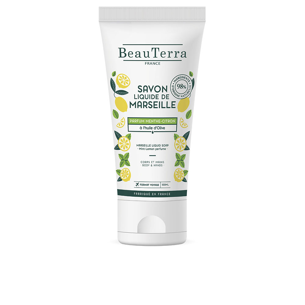 BeauterraMarseilleMintandLemonLiquidSoap100ml Bottle of Beauterra Marseille Mint and Lemon Liquid Soap by Beauterra, a liquid soap indicated for cleansing hands and body.