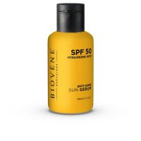 Bottle  of  Biovène  Hyaluronic  Acid  Anti-Aging  Sun  Serum  SPF50  by  Biovène,  a  serum  indicated  for  UV  protection  and  hydration.