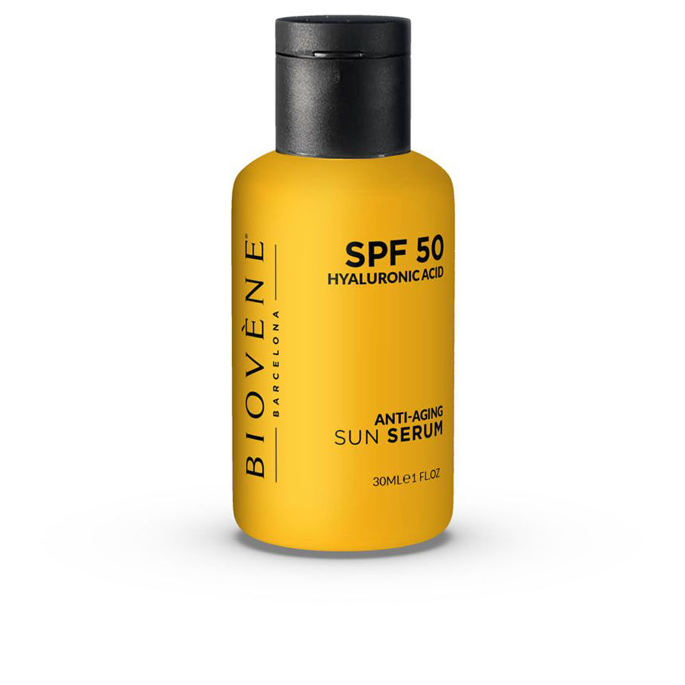 BiovèneHyaluronicAcidAnti-AgingSunSerumSPF5030ml Bottle of Biovène Hyaluronic Acid Anti-Aging Sun Serum SPF50 by Biovène, a serum indicated for UV protection and hydration.
