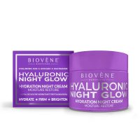 Jar  of  Biovène  Hyaluronic  Night  Glow  Hydration  Night  Cream  by  Biovène,  a  night  cream  indicated  for  skin  hydration  and  glow.