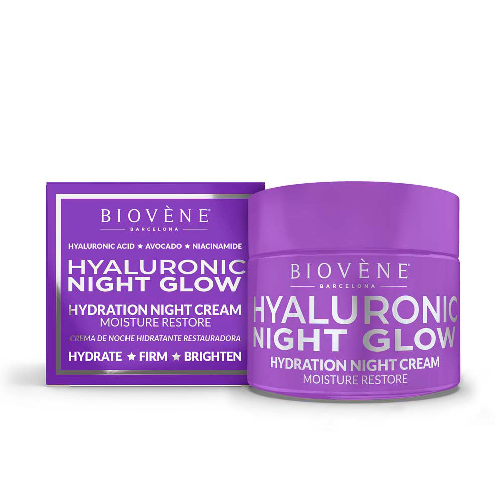 BiovèneHyaluronicNightGlowHydrationNightCream50ml Jar of Biovène Hyaluronic Night Glow Hydration Night Cream by Biovène, a night cream indicated for skin hydration and glow.