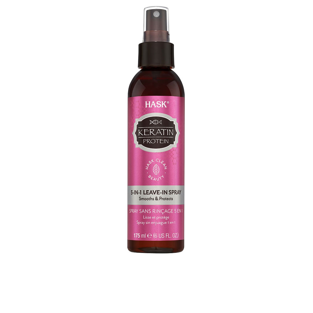 HaskKeratinProtein5-In-1Leave-InSpray175ml Spray of Hask Keratin Protein 5-In-1 Leave-In Spray by Hask, a leave-in formula indicated for softening hair and preventing frizz.