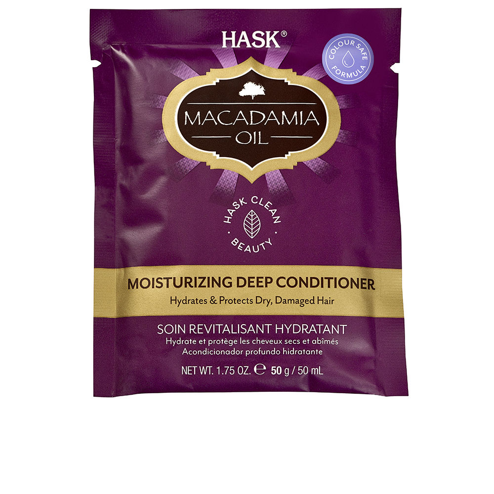 HaskMacadamiaOilMoisturizingDeepConditioner50g Product container of Hask Macadamia Oil Moisturizing Deep Conditioner by Hask, a deep conditioner indicated for hydrating dry hair.