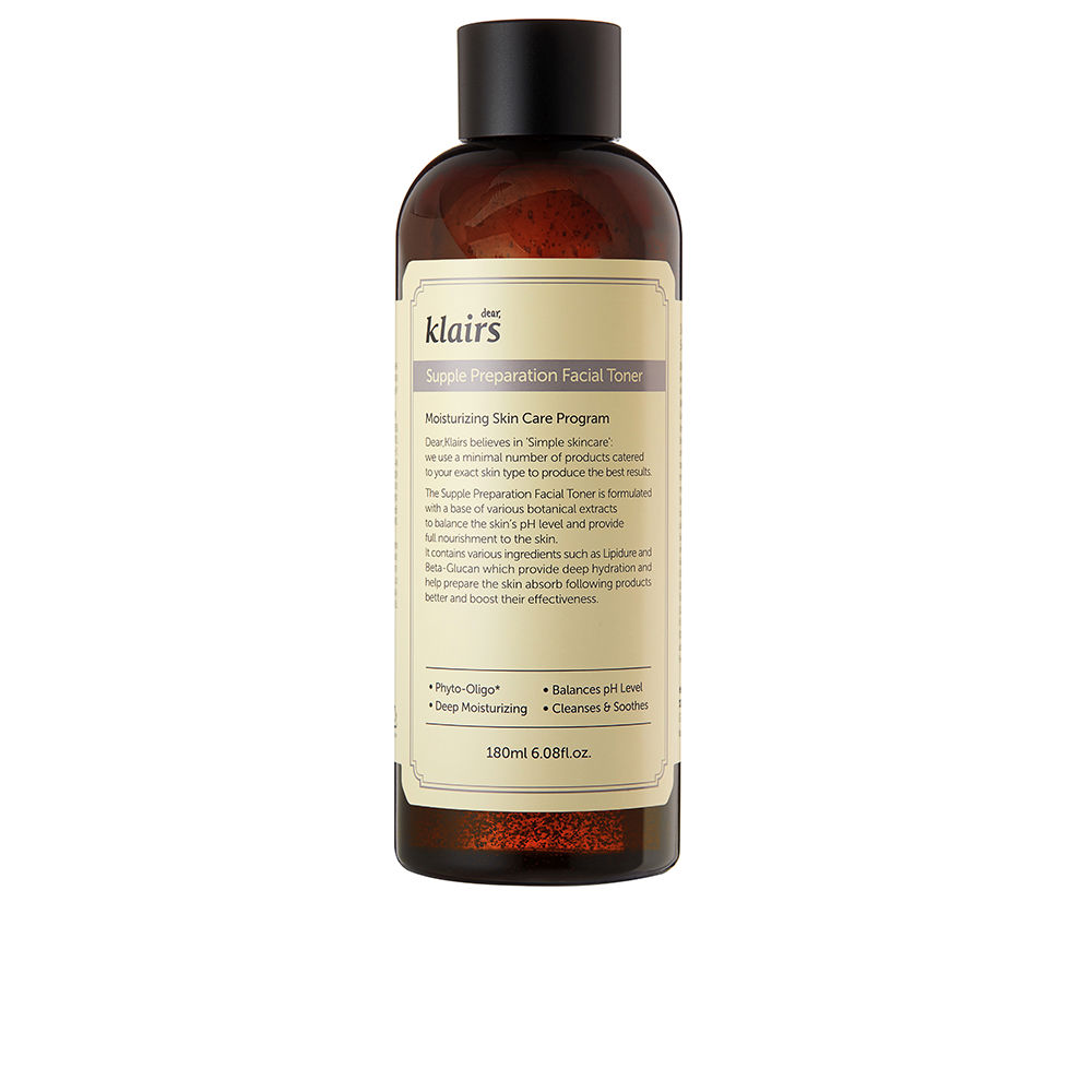 KlairsSupplePreparationFacialToner180ml Bottle of Klairs Supple Preparation Facial Toner by Klairs, a liquid toner indicated for balancing pH and hydrating the skin.
