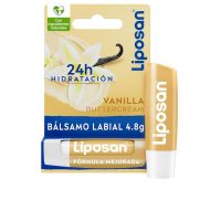 Tube  of  Liposan  Vanilla  Buttercream  Lip  Balm  by  Liposan,  a  balm  indicated  for  hydrating  and  protecting  dry,  fragile  lips.