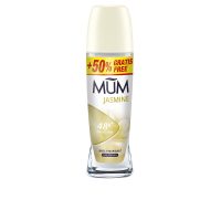 Bottle  of  Mum  Jasmine  Deo  Roll-On  by  Mum,  a  roll-on  deodorant  indicated  for  perspiration  control  and  a  sweet  jasmine  scent.