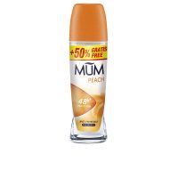 Bottle  of  Mum  Peach  Deo  Roll-On  by  Mum,  a  roll-on  deodorant  indicated  for  perspiration  control  and  soothing  the  skin.