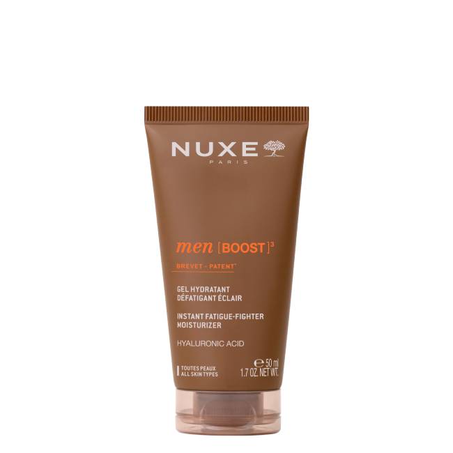 Prestige-Packshot Paris Product container of Nuxe Men Boost Instant Fatigue Fighter Moisturizer by Nuxe, a refreshing gel indicated for skin fatigue.