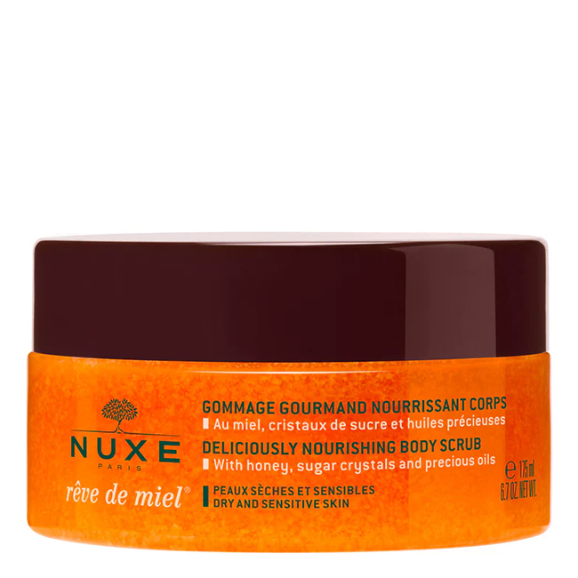 NuxeRêvedeMielNourishingGourmetBodyScrub175ml Jar of Nuxe Rêve de Miel Nourishing Gourmet Body Scrub by Nuxe, a gel scrub indicated for removing dead cells and nourishing skin.