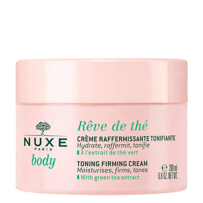 NuxeRêvedeThéBodyFirmingToningCream200ml Jar of Nuxe Rêve de Thé Body Firming Toning Cream by Nuxe, a creamy toning cream indicated for skin firmness and elasticity.