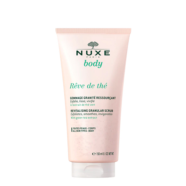 NuxeRêvedeThéBodyRejuvenatingGraniteScrub150ml Product container of Nuxe Rêve de Thé Body Rejuvenating Granite Scrub by Nuxe, a grainy scrub indicated for skin renewal.