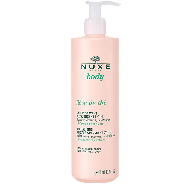 NuxeRêvedeThéBodyReplenishingMoisturizingMilk400ml Bottle of Nuxe Rêve de Thé Body Replenishing Moisturizing Milk by Nuxe, a moisturizing milk indicated for long-term hydration.