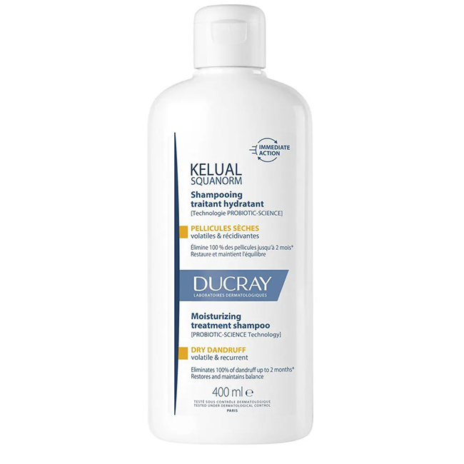 DucrayKelualSquanormRegulatingTreatmentShampooDryDandruff400ml Bottle of Kelual Squanorm Regulating Treatment Shampoo Dry Dandruff by Ducray, a shampoo indicated for dry dandruff scalp.
