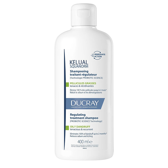DucrayKelualSquanormRegulatingTreatmentShampooOilyDandruff400ml Bottle of Kelual Squanorm Regulating Treatment Shampoo Oily Dandruff by Ducray, a shampoo indicated for oily dandruff scalp.