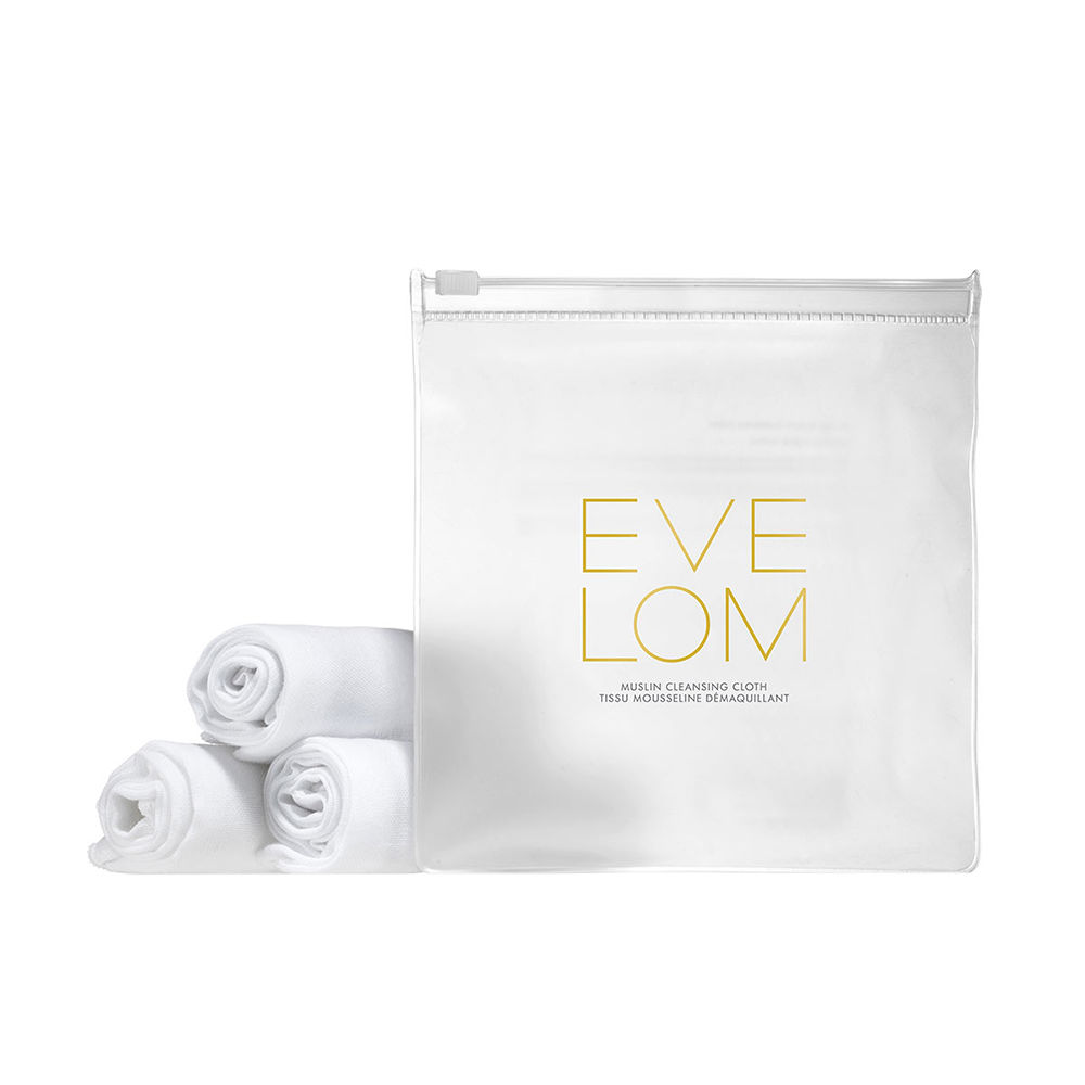 EveLomCleanseMuslinCleansingClothx3 Product container of Eve Lom Cleanse Muslin Cleansing Cloth by Eve Lom, a cotton cloth indicated for cleansing and exfoliating skin.