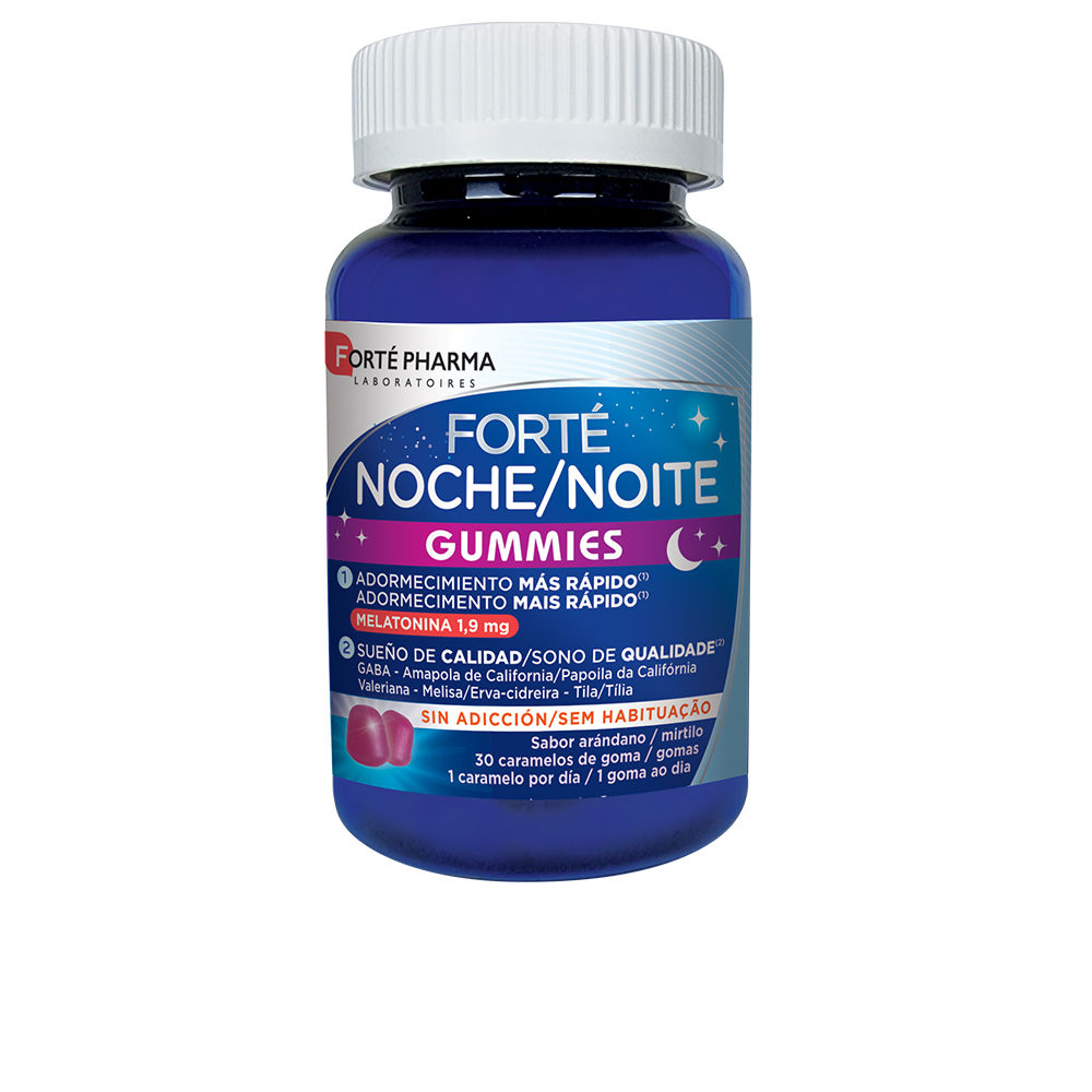 FortéPharmaNightGummiesx30 Box of Forté Pharma Night Gummies by Forté Pharma, a food supplement indicated for reducing the time needed to fall asleep.