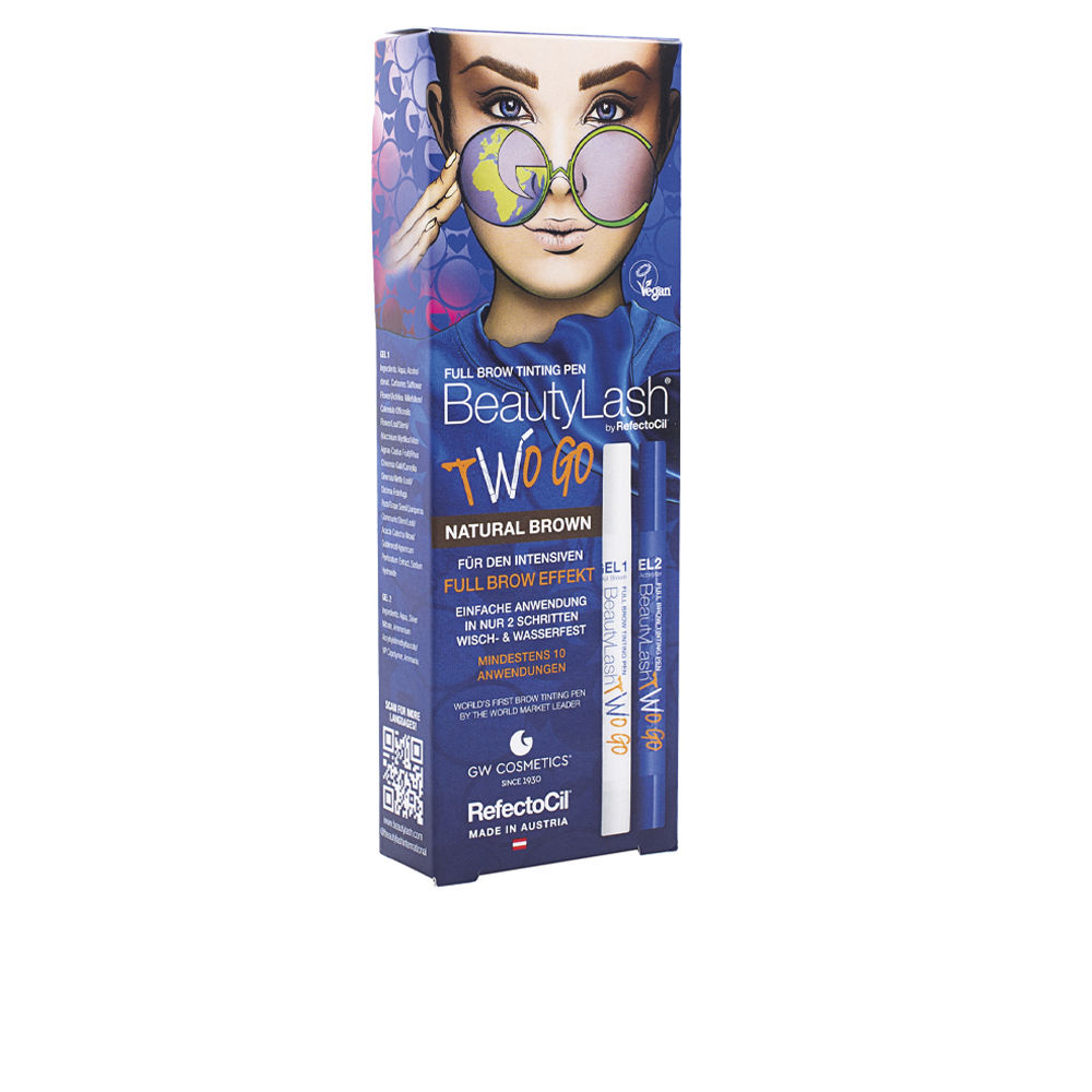 RefectocilBeautyLashTwoGoEyebrowDyeColorNaturalBrown Product container of Refectocil Beauty Lash Two Go Eyebrow Dye by Refectocil, a tint indicated for defining and enhancing brows.